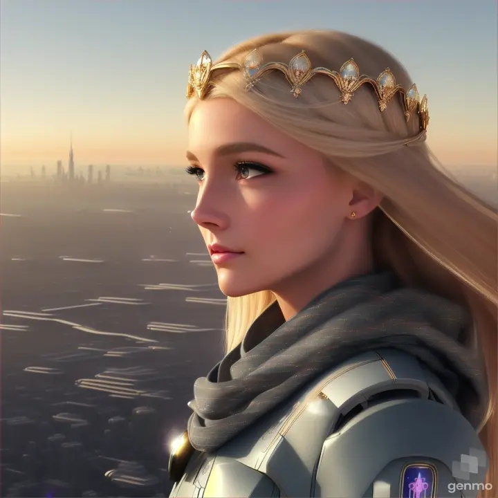 Beautiful face of a European girl, full face. small tiara on the head. her blonde hair fluttering in the wind and a silky scarf. Fantastic aircraft from the year 3024 are visible in the sky. a high-tech cityscape with skyscrapers is visible on the horizon.