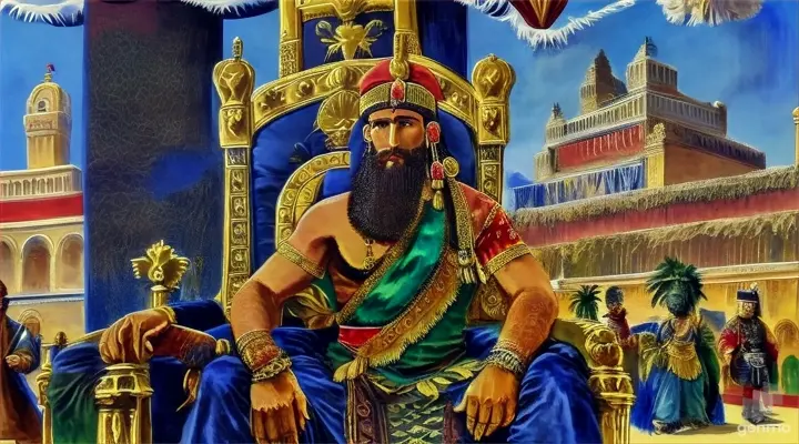 a painting of a man sitting on a throne surrounded by other men
