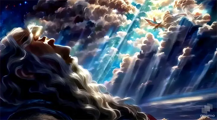 a painting of a man looking up into the sky