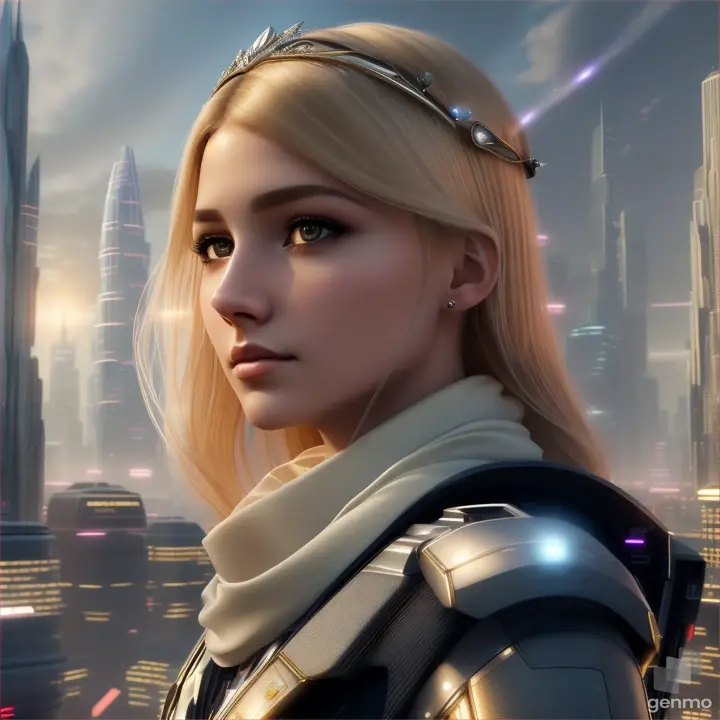 Beautiful face of a European girl, full face. small hightech-tiara on the head. her blonde hair fluttering in the wind and a silky scarf. Fantastic aircraft from the year 3024 are visible in the sky. a high-tech cityscape with skyscrapers is visible.