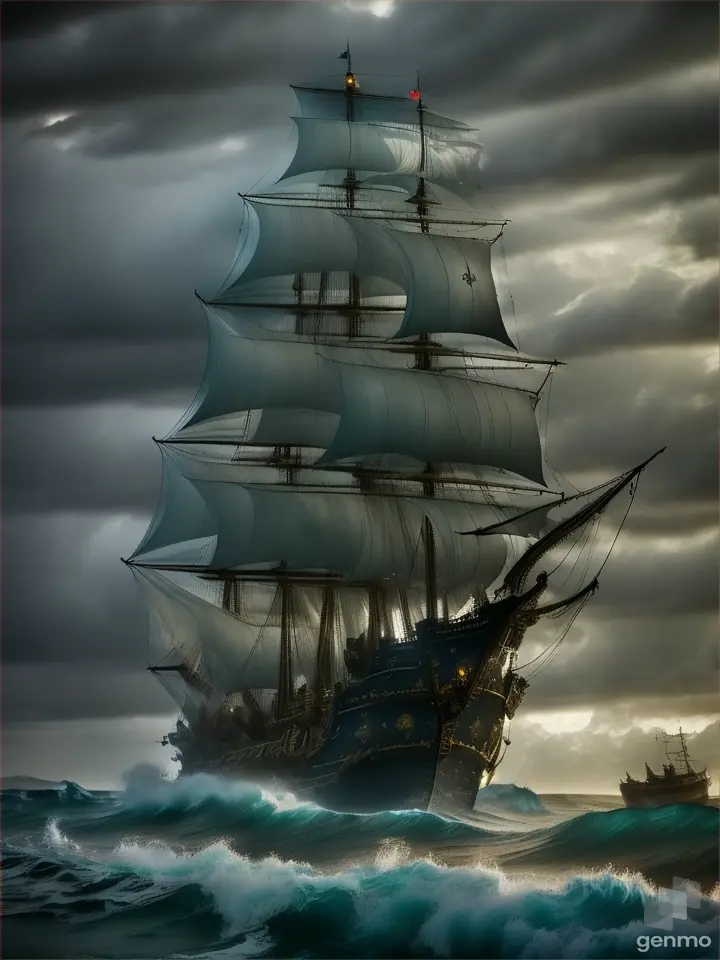 A scary ghost pirate ship emerging from the midst of a storm, lightning illuminating the scene, waves crashing around it