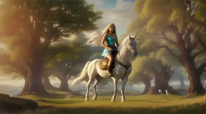 An ultra-realistic 4K shot of a young woman with brown skin riding a white horse through a fantastical landscape, complete with unicorns, griffins, and other magical creatures