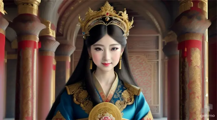 The image shows a character with a blurred face. Surrounded by the environment of the Chinese Dynasty Hall, the character is a beautiful female neck, sleeve, makeover, kimono, fashion design, beauty, jewellery, event, shimada, tradition dressed in a costume and headdressemperor, smiling happily. The head of the person in the picture was covered. There is a crown-like ornament on the head that looks luxuriously decorated. It had a luxuriously decorated appearance, with long flowing hair, large blue eyes, a slight smile, and wearing exquisite gold jewelry. horizontal image