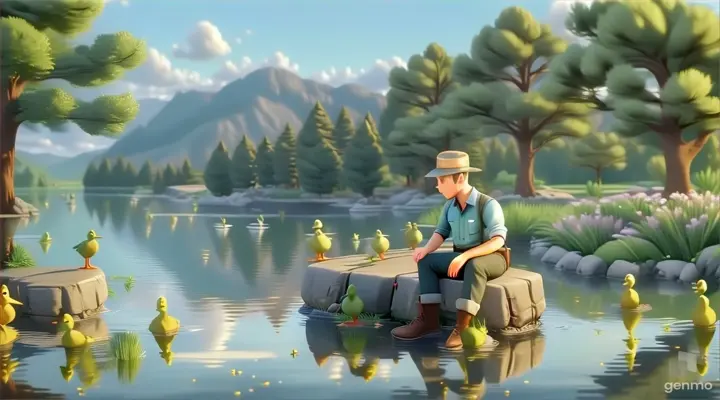 a painting of a man sitting on a rock next to ducks