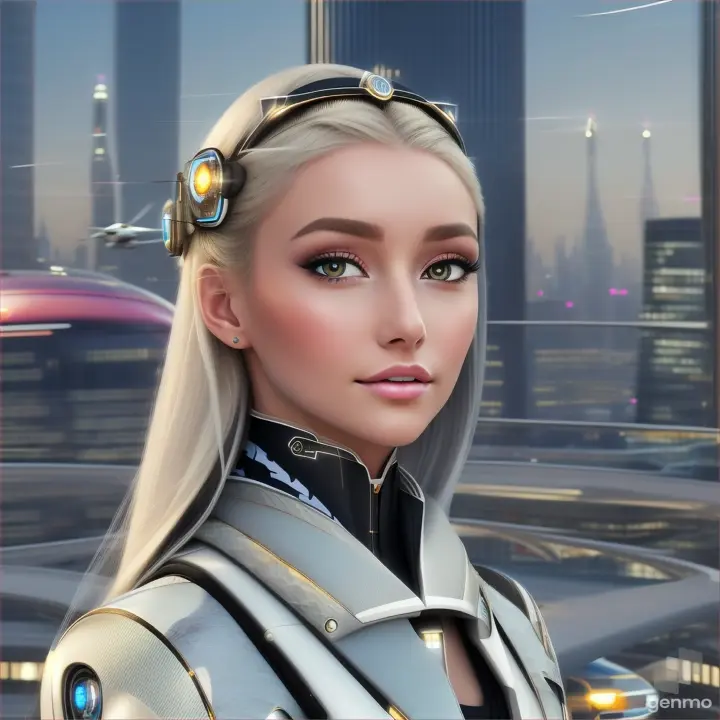 Beautiful face of a European girl, full face. small electromagnetichightech-diadem on her head. her blonde hair fluttering in the wind and a silky scarf. in the sky fantastic flying personal transport in the form of a flying capsule from the year 3024 are visible. a high-tech cityscape with skyscrapers is visible.