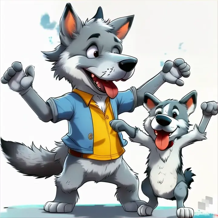 a wolf and a dog are dancing together