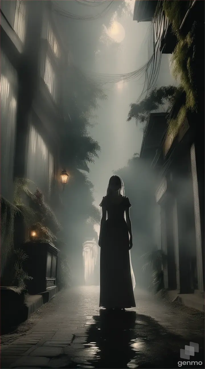 A moonlit alleyway in Jakarta city with a ghostly figure in a flowing dress, tropical plants casting intriguing shadows