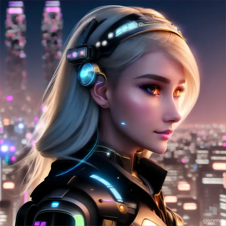 Beautiful face of a European girl, full face. small electromagnetichightech-diadem on her head. her blonde hair fluttering in the wind and a silky scarf. in the sky fantastic flying personal transport in the form of a flying capsule from the year 3024 are visible. a high-tech cityscape with skyscrapers is visible.