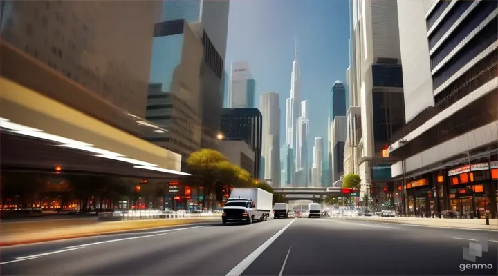 a white truck driving down a street next to tall buildings
