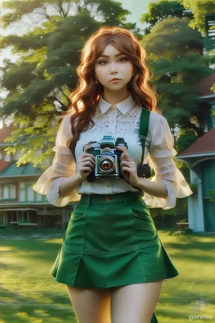 a woman in a green skirt holding a camera