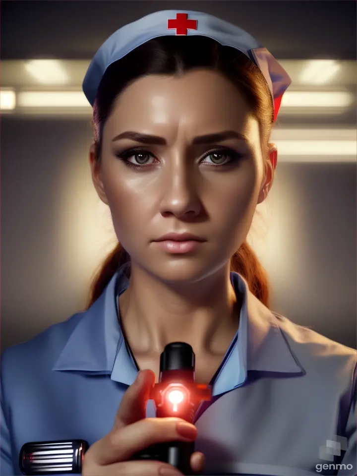 a woman in a nurse uniform is holding a light