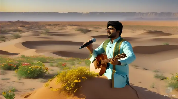 a Pakistani beautiful guy singing in dessert,many modern people (men and woman) listen him and colorful flowers growing around, realistic video,beautiful full view,video ratio 16:9