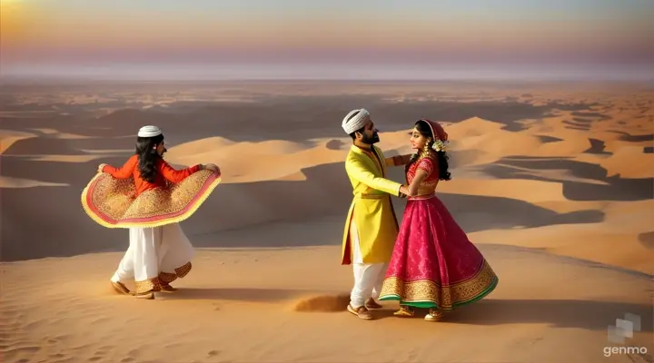 a Pakistani romantic beautiful couple dancing in dessert and colorful flowers growing around, realistic beautiful full view,video ratio 16:9