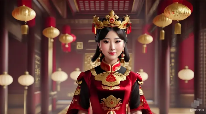 The image shows a character with a blurred face. Surrounded by the environment of the Chinese Dynasty Hall, the character is a beautiful female neck, sleeve, makeover, kimono, fashion design, beauty, jewellery, event, shimada, tradition dressed in a costume and headdressemperor, smiling happily. The head of the person in the picture was covered. There is a crown-like ornament on the head that looks luxuriously decorated. It had a luxuriously decorated appearance, with long flowing hair, large blue eyes, a slight smile, and wearing exquisite gold jewelry. horizontal image