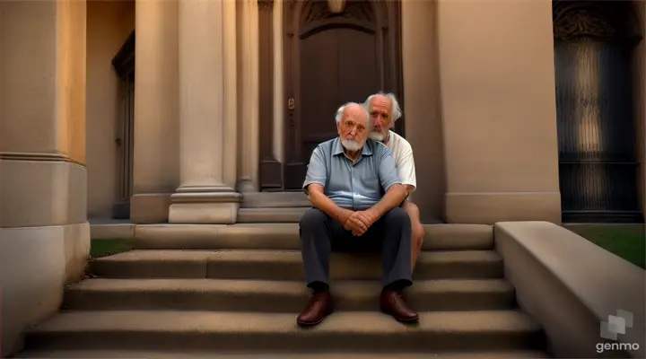 Warm evening light bathes worn stone steps leading up to an beautiful building (or weathered porch swing hanging from a large oak tree). An elderly man with kind eyes and a weathered face leans on a cane, with a young rich man in his 30s who sits attentively, looking at the older man with a mixture of respect and curiosity. A hand rests gently on the young man's shoulder. The overall mood is reflective and peaceful.