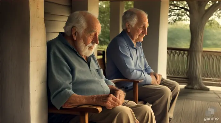 Warm evening light bathes worn stone steps leading up to an beautiful building (or weathered porch swing hanging from a large oak tree). An elderly man with kind eyes and a weathered face leans on a cane, with a young rich guy who sits attentively, looking at the older man with a mixture of respect and curiosity. A hand rests gently on the young man's shoulder. The overall mood is reflective and peaceful.