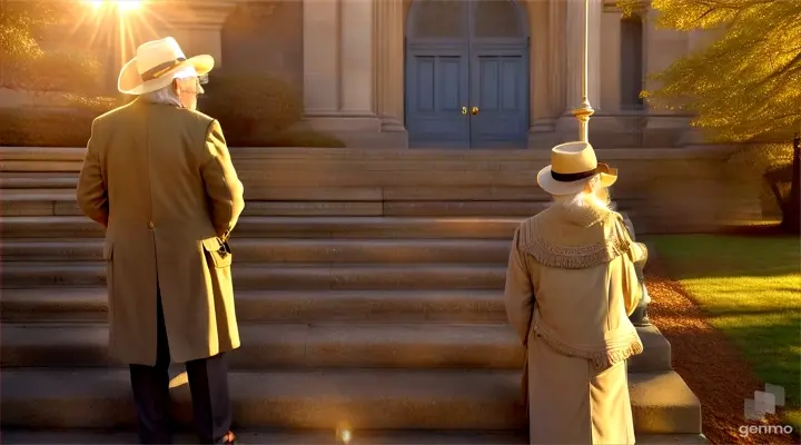 Warm evening light bathes worn stone steps leading up to an beautiful building (or weathered porch swing hanging from a large oak tree). An elderly man with kind eyes and a weathered face leans on a cane,  a young rich guy who sits attentively. A hand rests gently on the young man's shoulder. The overall mood is reflective and peaceful.