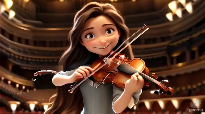 a woman holding a violin in front of a stage