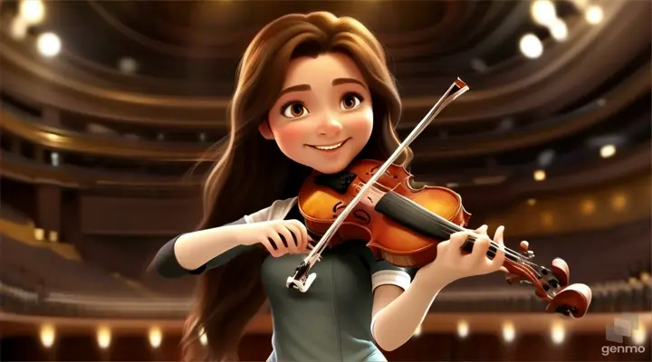 a woman holding a violin in front of a stage
