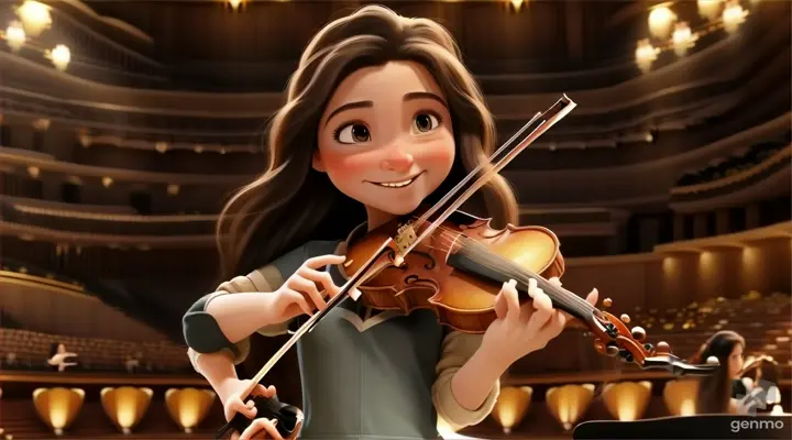 A young and beautiful girl with long hair, smiling, plays the violin on the performance hall stage in the Sydney Opera House, with a grand piano next to the girl