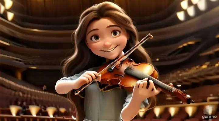 A young and beautiful girl with long hair, smiling, plays the violin on the performance hall stage in the Sydney Opera House, with a grand piano next to the girl