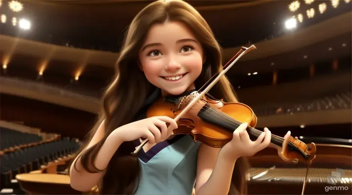 A young and beautiful girl with long hair, smiling, plays the violin on the performance hall stage in the Sydney Opera House, with a grand piano next to the girl