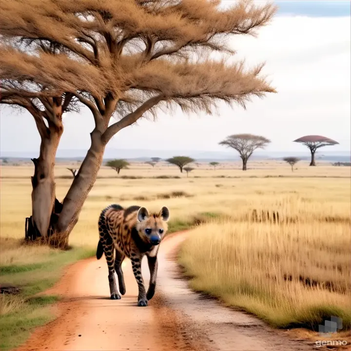 a hyena walking down a dirt road next to a tree