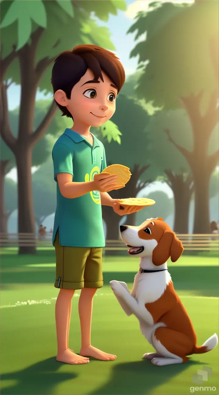 AN ANIMATED BOY GIVING ROTI TO A CUTE LITTLE DOG