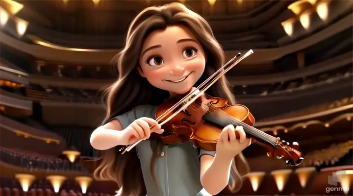 A young and beautiful girl with long hair, smiling, plays the violin on the performance hall stage in the Sydney Opera House, with a grand piano next to the girl