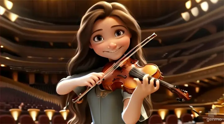 A young and beautiful girl with long hair, smiling, plays the violin on the performance hall stage in the Sydney Opera House, with a grand piano next to the girl