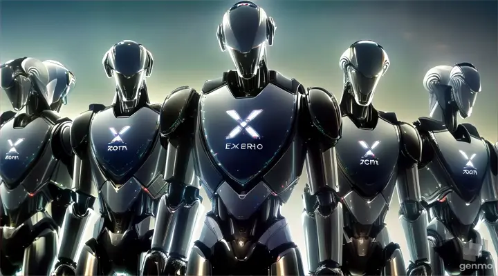 a group of robots standing next to each other, walking forward