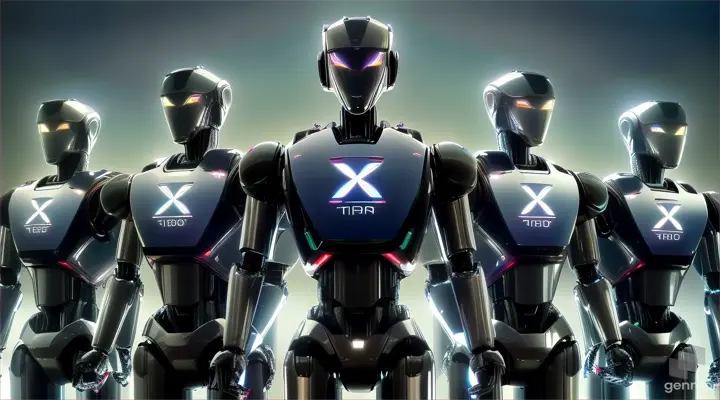 a group of robots standing next to each other, walking forward