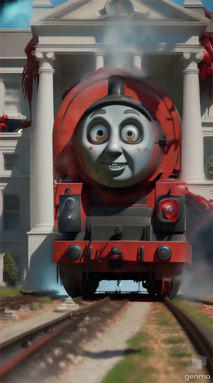 A Thomas the train with creepy red skin meat texture like zombie, realistic, background white house