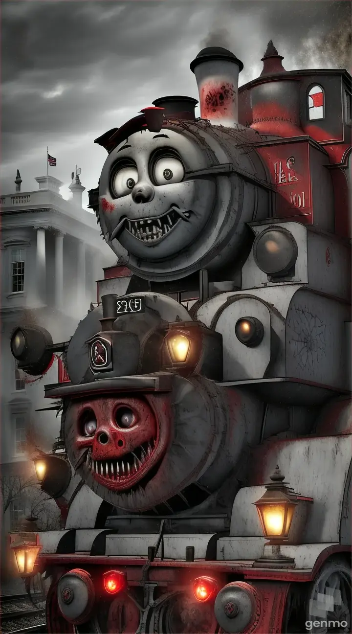 A Thomas the train with creepy red skin meat texture like zombie, big sharp teeth, realistic, background white house