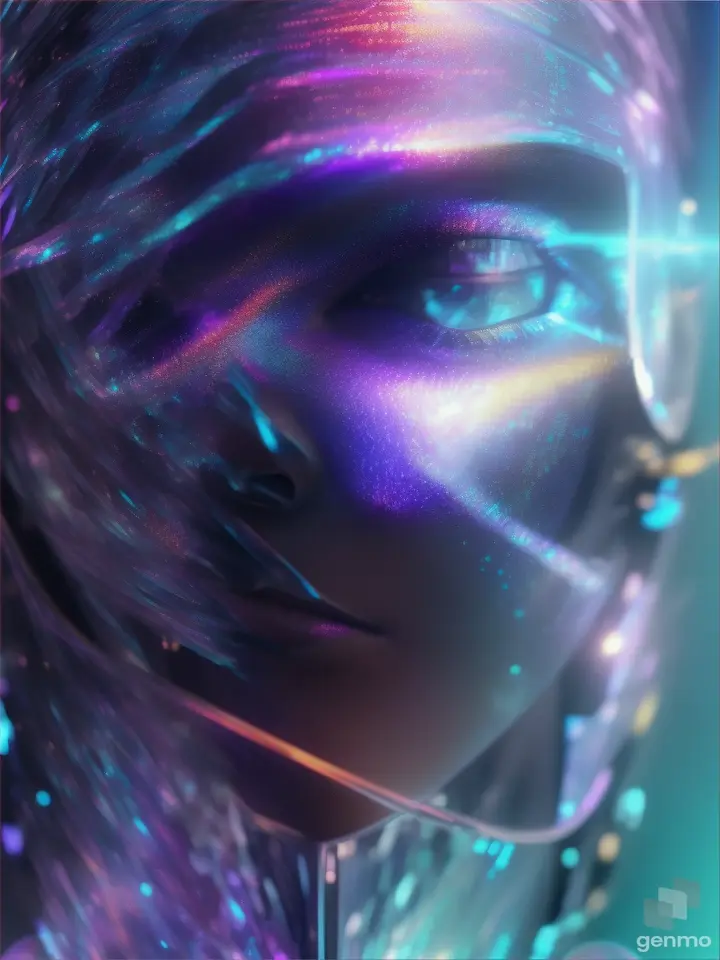 Macro photo of a woman's silhouette, minimalist style, composed of holographic liquid metal with polished surfaces, highlighting reflection and refraction, depth of field crafted for an aspect ratio of 2:3, version 6.0, raw style, ultra clear, octane rendering.