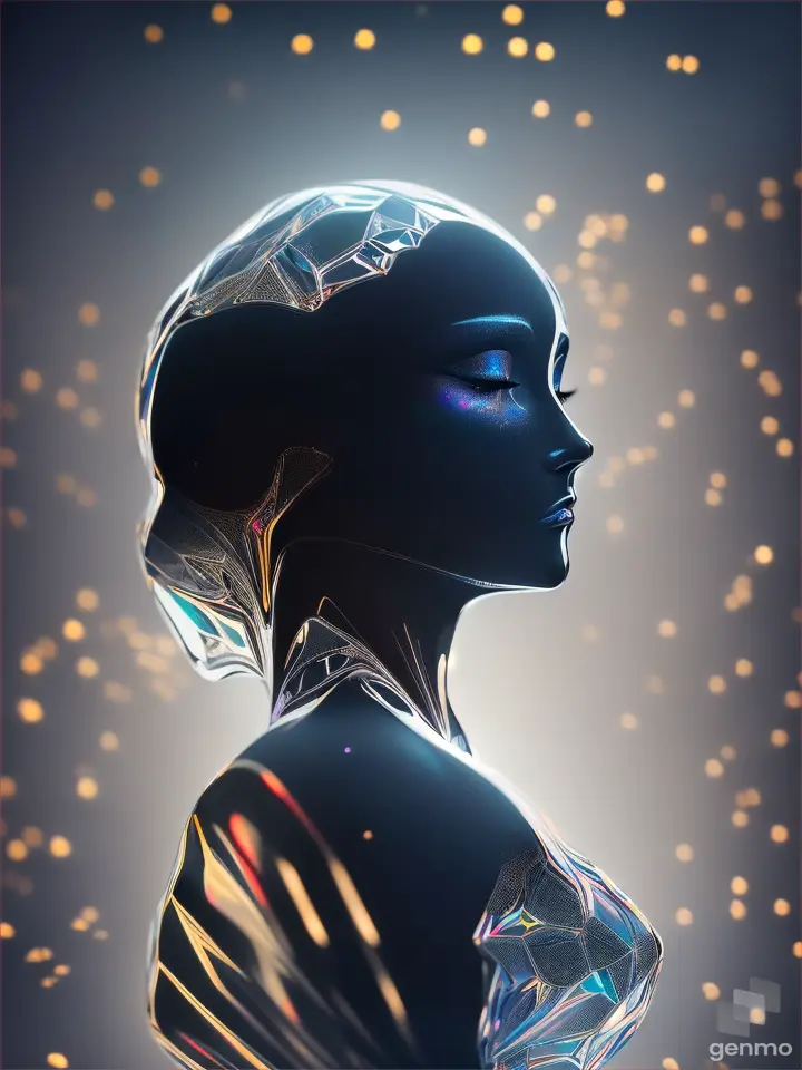 Macro photo of a woman's silhouette, minimalist style, composed of holographic liquid metal with polished surfaces, highlighting reflection and refraction, depth of field crafted for an aspect ratio of 2:3, version 6.0, raw style, ultra clear, octane rendering.