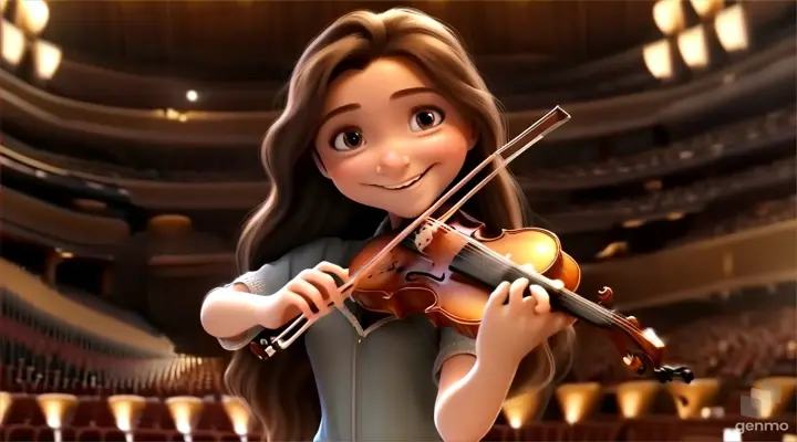 A young and beautiful girl with long hair, smiling, plays the violin on the performance hall stage in the Sydney Opera House, with a grand piano next to the girl