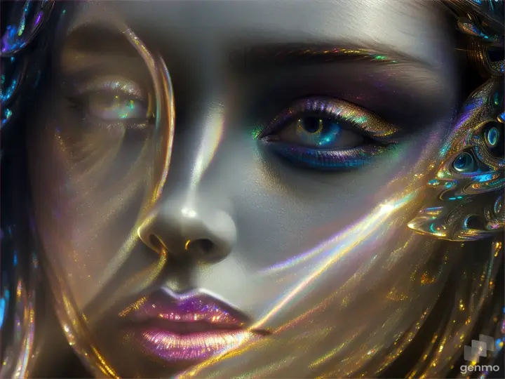 An ai generated woman face, iridescent liquid chrome face, perfect composition, beautiful detailed intricate insanely detailed octane render trending on artstation, 8 k artistic photography, photorealistic concept art, soft natural volumetric cinematic perfect light, chiaroscuro, award - winning photograph, masterpiece, oil on canvas, raphael, caravaggio, greg rutkowski, beeple, beksinski, giger