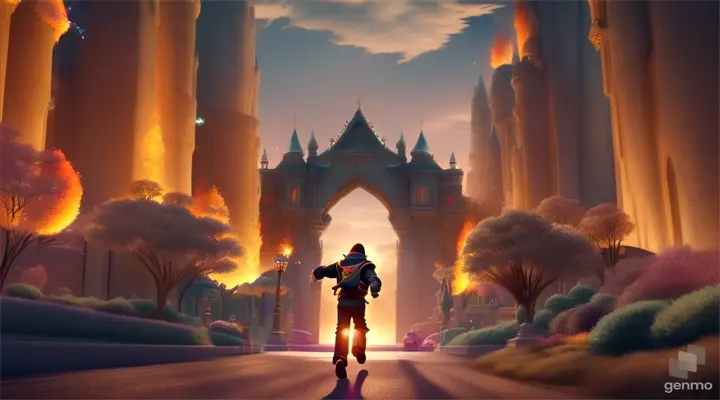 /imagine prompt: 3D animation, personality: [Illustrate Uplifting Cartoon characters engaging in fun activities the disciple's determination as he sets off towards the city gates. It should feel otherworldly and magical.] unreal engine, hyper real --q 2 --v 5.2 --ar 16:9