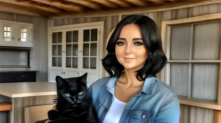 a woman holding a black cat in a kitchen