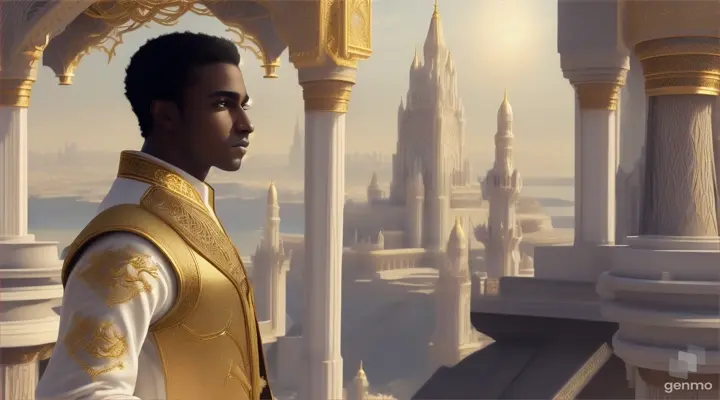 dark-skinned Black young teen boy mystic prince wearing a white Islamic robe with gold embroidery and negative hair clean-shaven face, standing in a futuristic mystical city, majestic, futuristic, using mystic powers, side profile, landscape-video size 