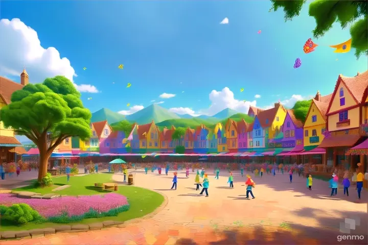 A vibrant village square filled with lively activity, colorful banners fluttering in the breeze.