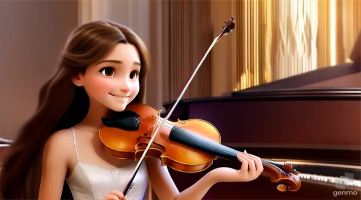 A young and beautiful girl with long hair, smiling, plays the violin on the performance hall stage in the Sydney Opera House, with a grand piano next to the girl