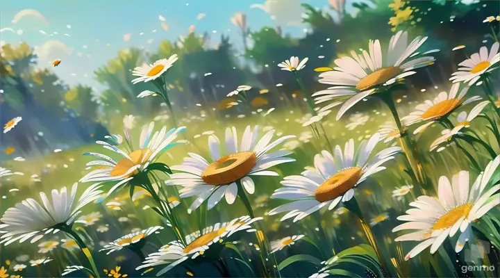 a painting of a field full of daisies