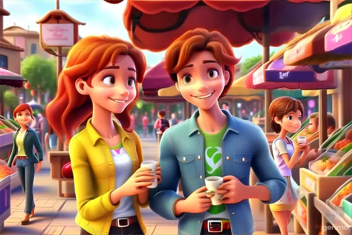  Two young lovers stealing glances amidst the vibrant marketplace, their smiles radiant with affection.