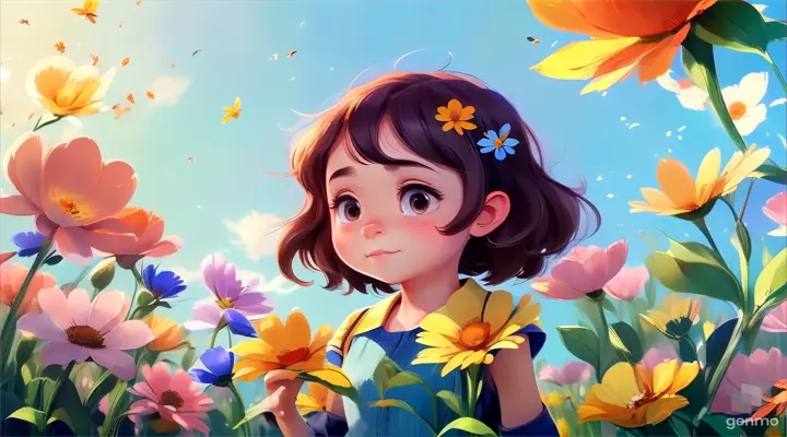 a little girl standing in a field of flowers