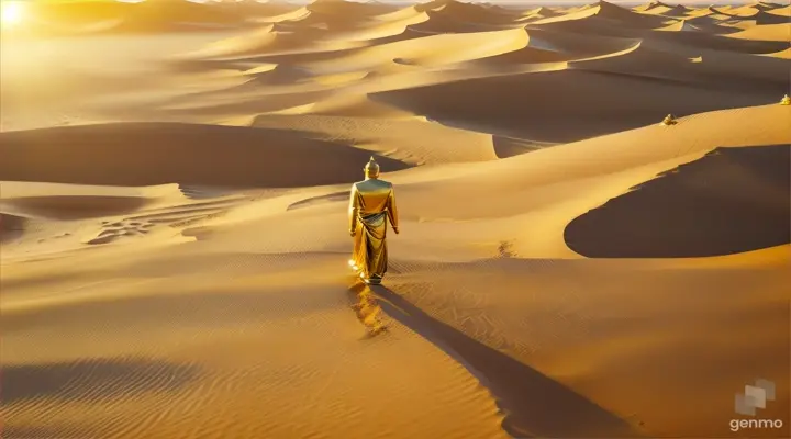 On the endless sand dunes of the desert, a golden-robed Buddha walks gracefully. The sun shines hot and dazzling, and his clothes sparkle in the light, shining gold. The wind gently sweeps across the sand, ruffling the hem of Buddha's robe, and the serene atmosphere of the desert pays homage to his presence. Buddha's steps represent a deep inner journey, and his image symbolizes the search for peace and enlightenment even in the desolation of the desert.

3d style animation 16:9