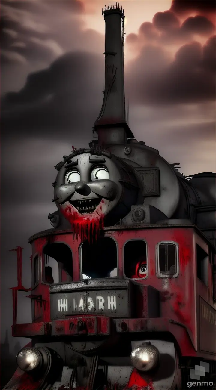 A Thomas the train with creepy red skin meat texture like zombie, big sharp teeth, realistic, background eiffel tower