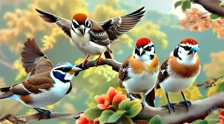 a group of birds sitting on top of a tree branch and playing 