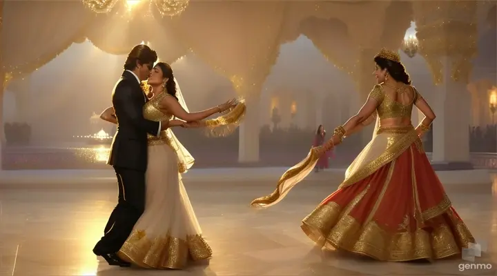 realism/ cinematic / 4k high definition / actor shah rukh khan in indian king costume singing song and actress madhuri dixit in queen costume romantic dancing at beautiful natural place/ background dancers are dancing in mist